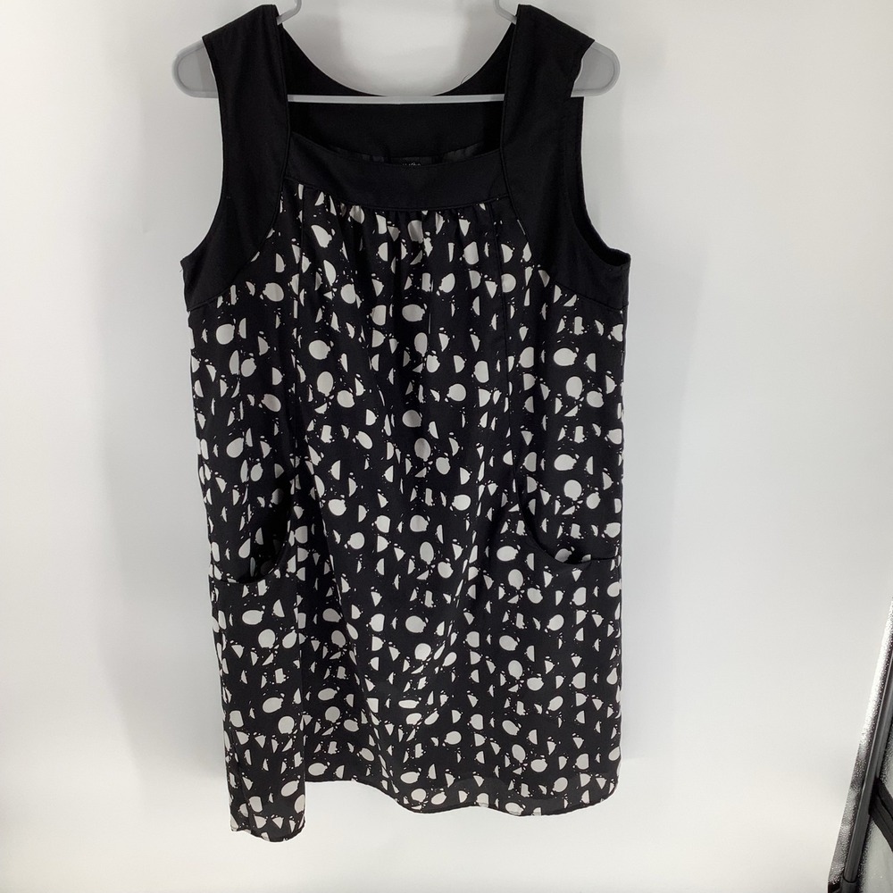 Sleeveless‎ Black White Polka Dot Shift Dress with Pockets Sz L